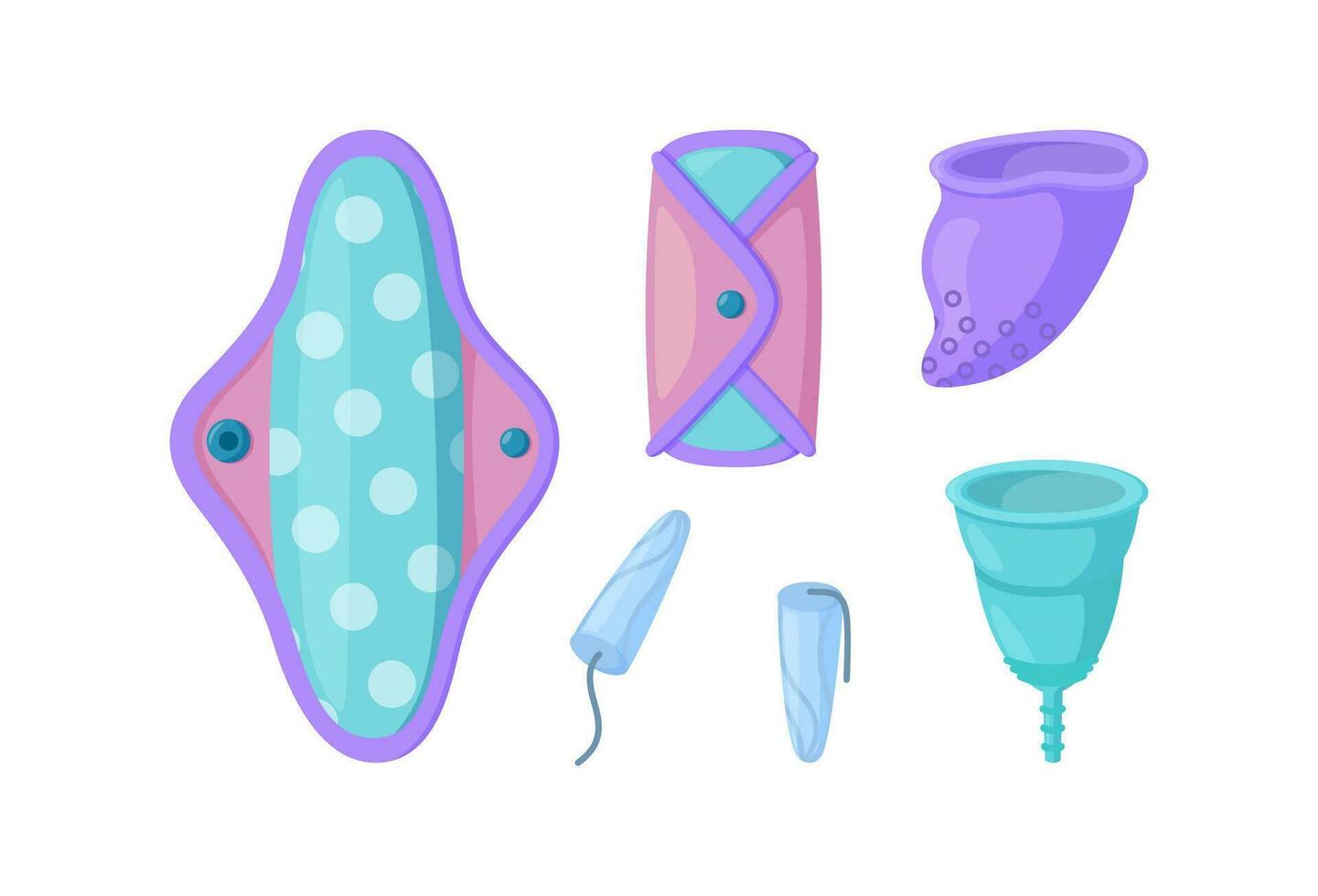Reusable menstrual pads, cups and tampon in white background. Sanitary items for women. Vector illustration