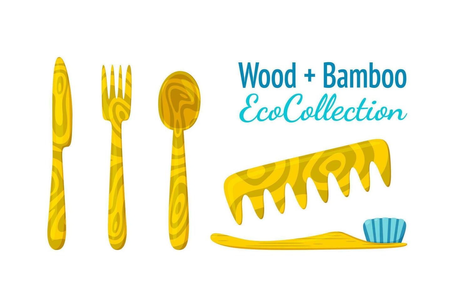 Wood and bamboo eco collection. Ecological substitute for plastic cultery, comb and toothbrush. Vector illustration