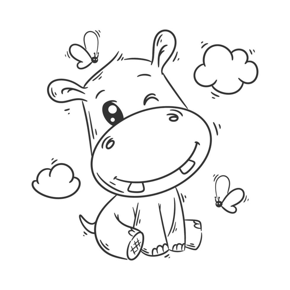 Cute hippo is sitting cartoon vector for coloring
