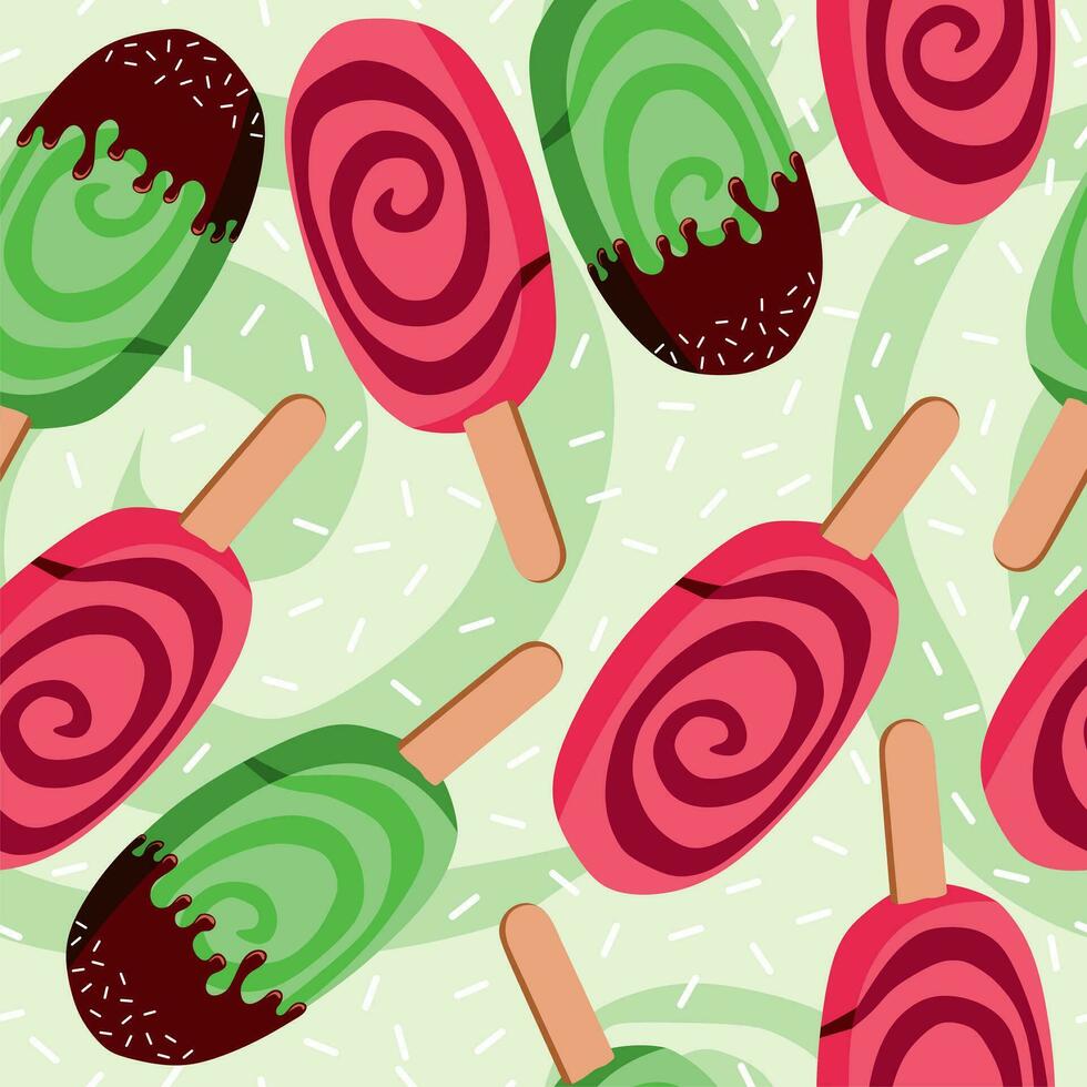 Ice-cream vector girly pink and green background. Seamless ice cream pattern eskimo spiral.