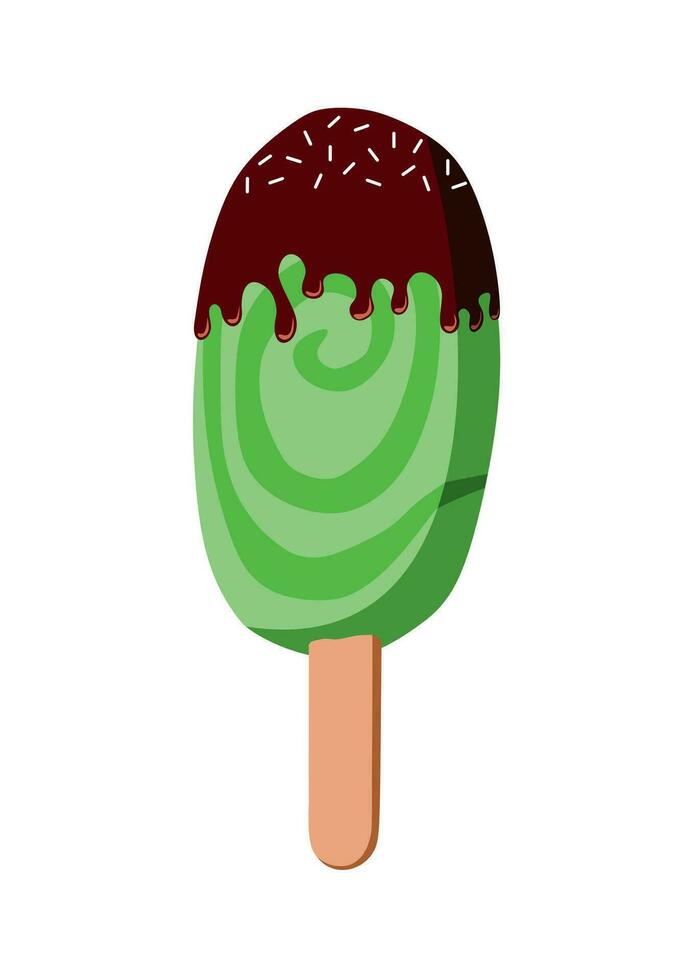 Eskimo pie, illustration, vector on white background. Green spiral ice cream with chocolate on stick.