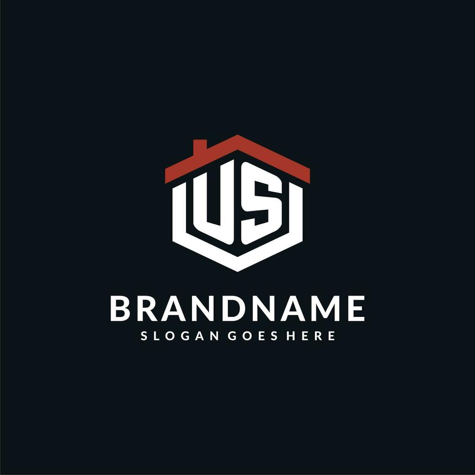Initial letter US logo with home roof hexagon shape design ideas vector