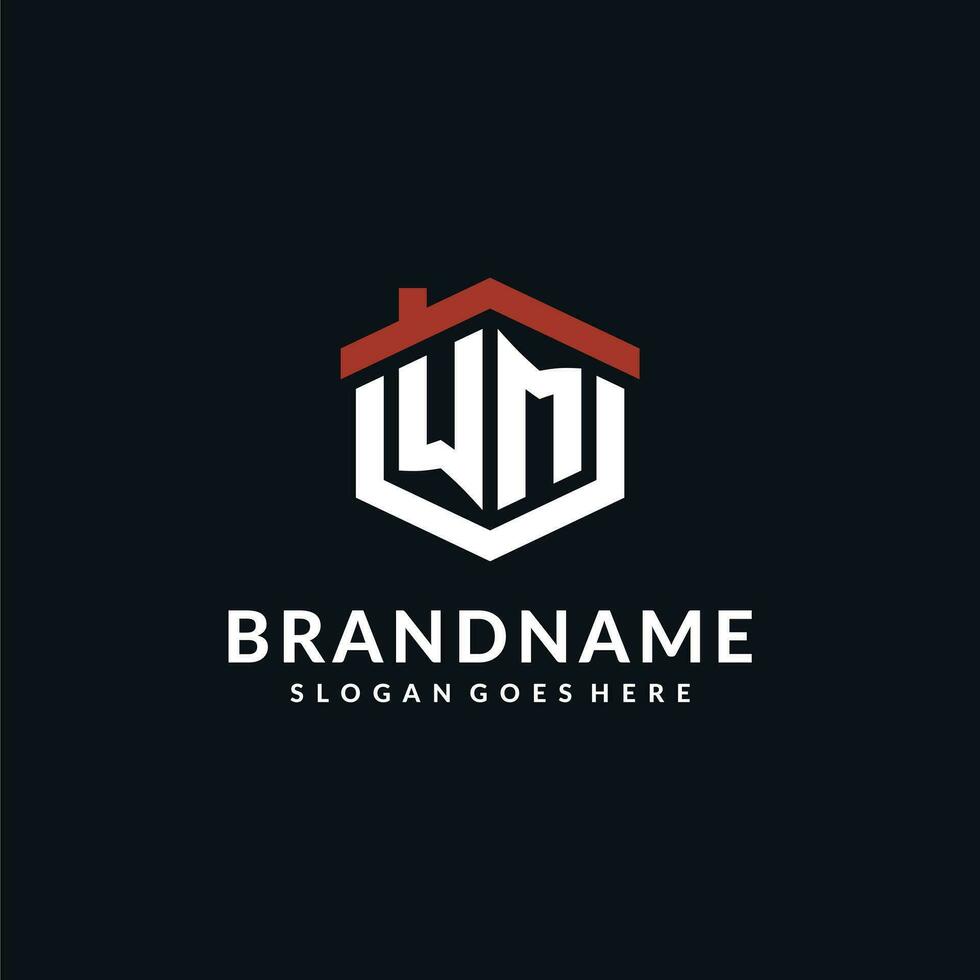 Initial letter WM logo with home roof hexagon shape design ideas vector