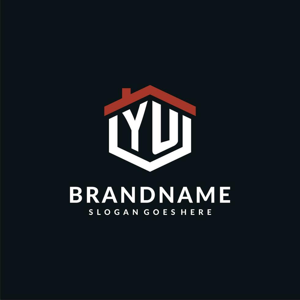 Initial letter YU logo with home roof hexagon shape design ideas vector