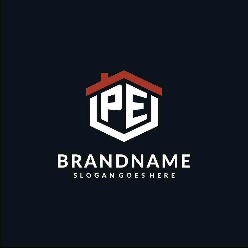Initial letter PE logo with home roof hexagon shape design ideas vector