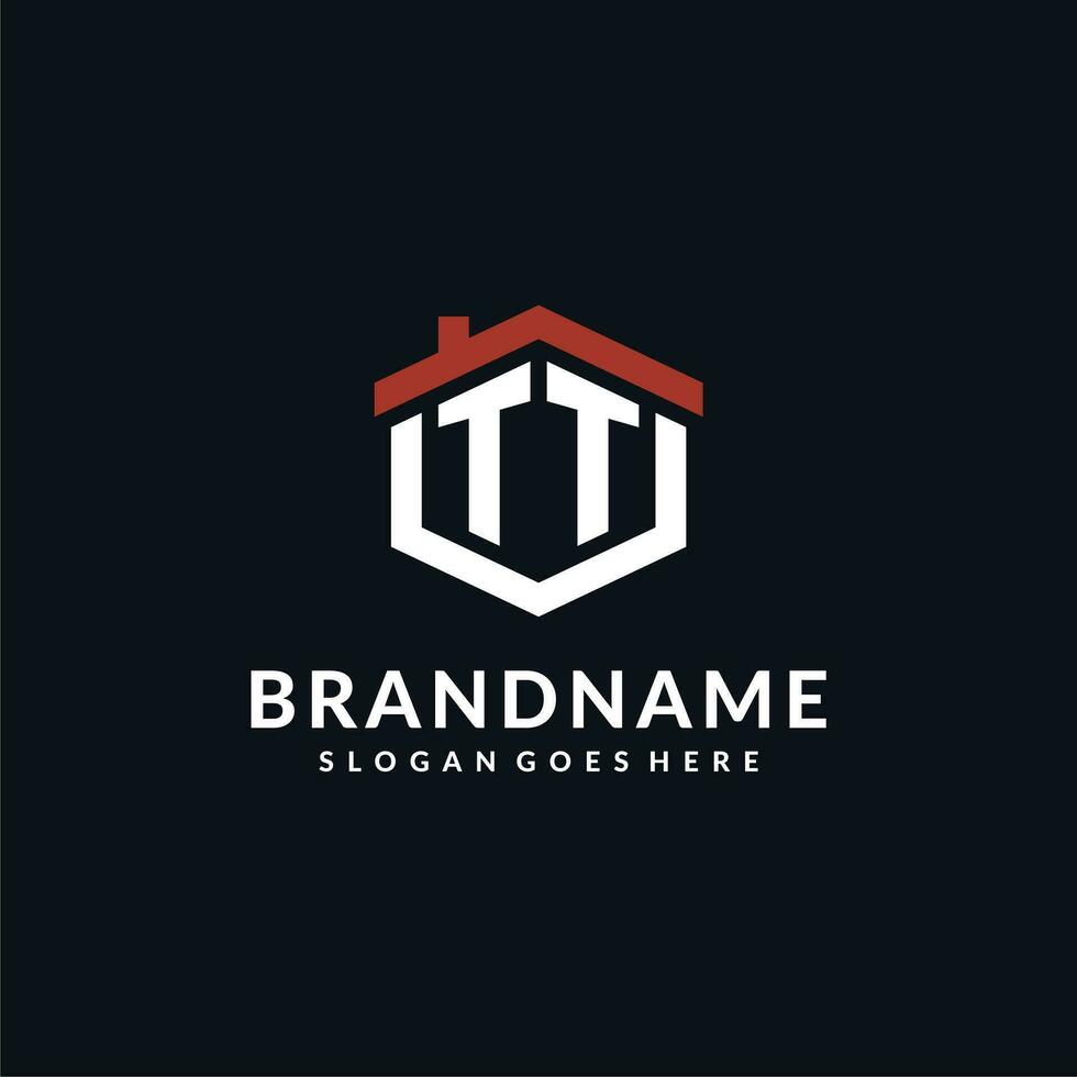 Initial letter TT logo with home roof hexagon shape design ideas vector