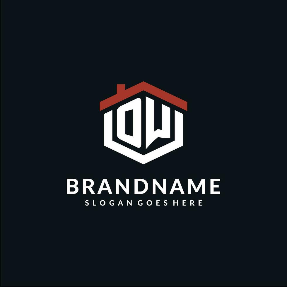 Initial letter OW logo with home roof hexagon shape design ideas vector