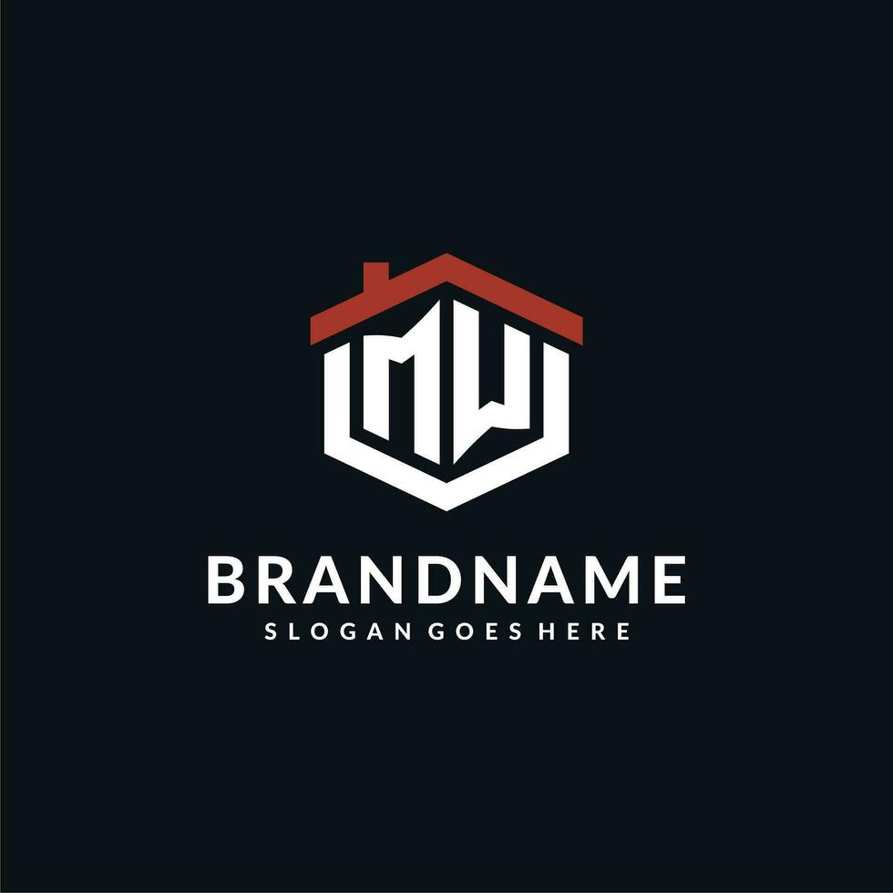 Initial letter MW logo with home roof hexagon shape design ideas vector