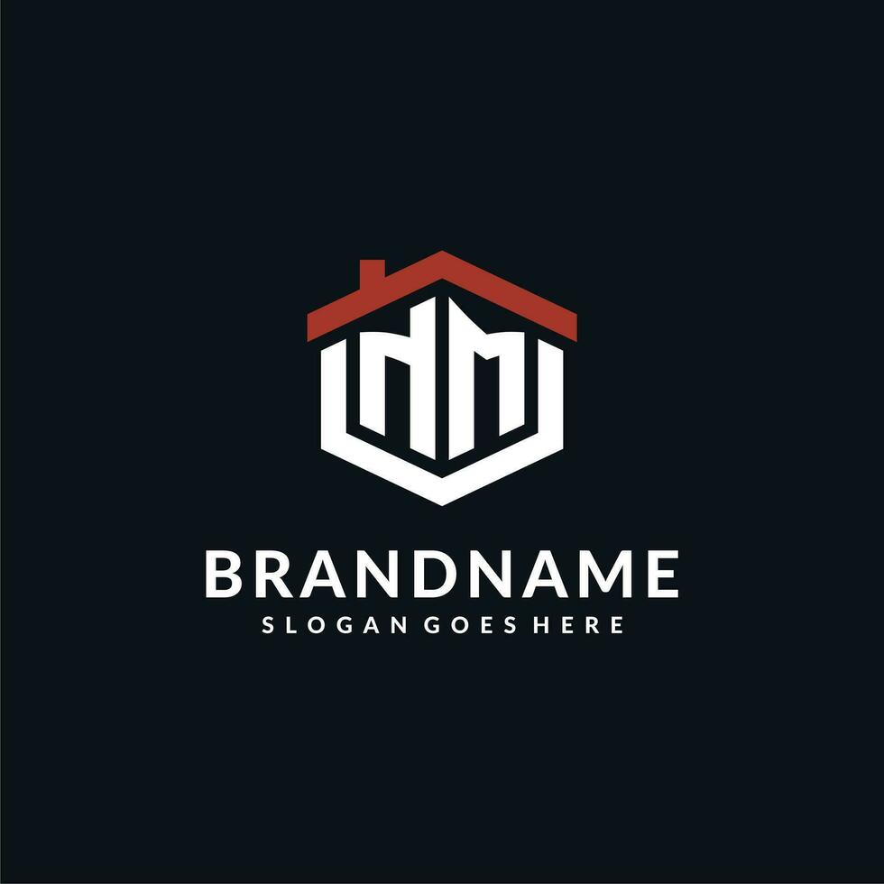 Initial letter NM logo with home roof hexagon shape design ideas vector