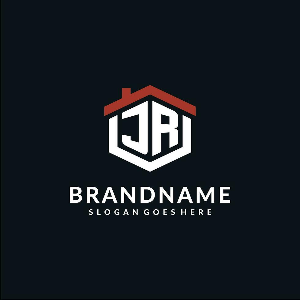 Initial letter JR logo with home roof hexagon shape design ideas vector