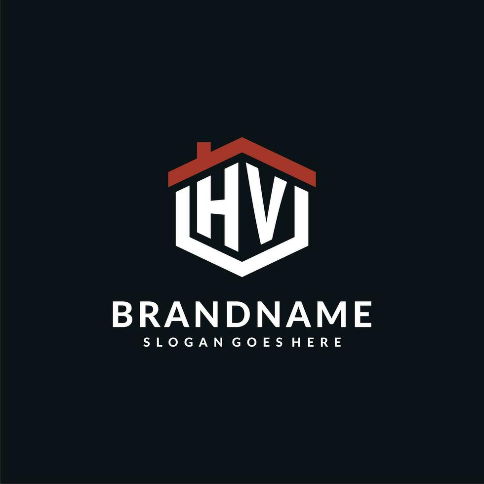 Initial letter HV logo with home roof hexagon shape design ideas vector