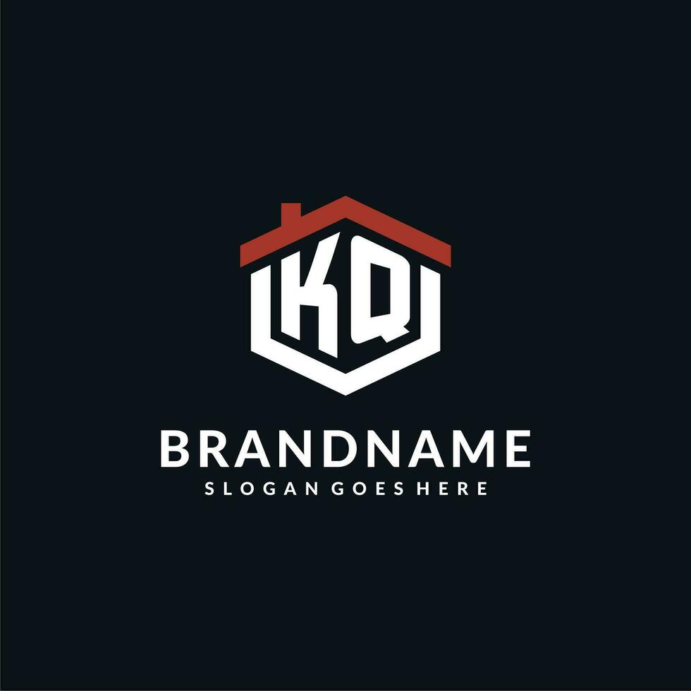 Initial letter KQ logo with home roof hexagon shape design ideas vector