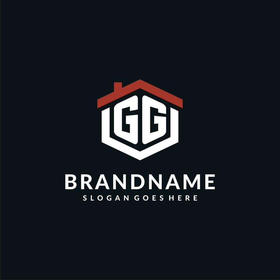 Initial letter GG logo with home roof hexagon shape design ideas vector