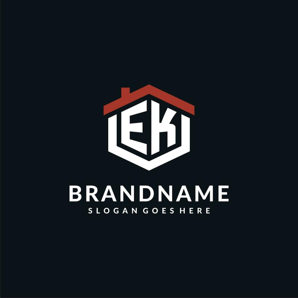 Initial letter EK logo with home roof hexagon shape design ideas vector