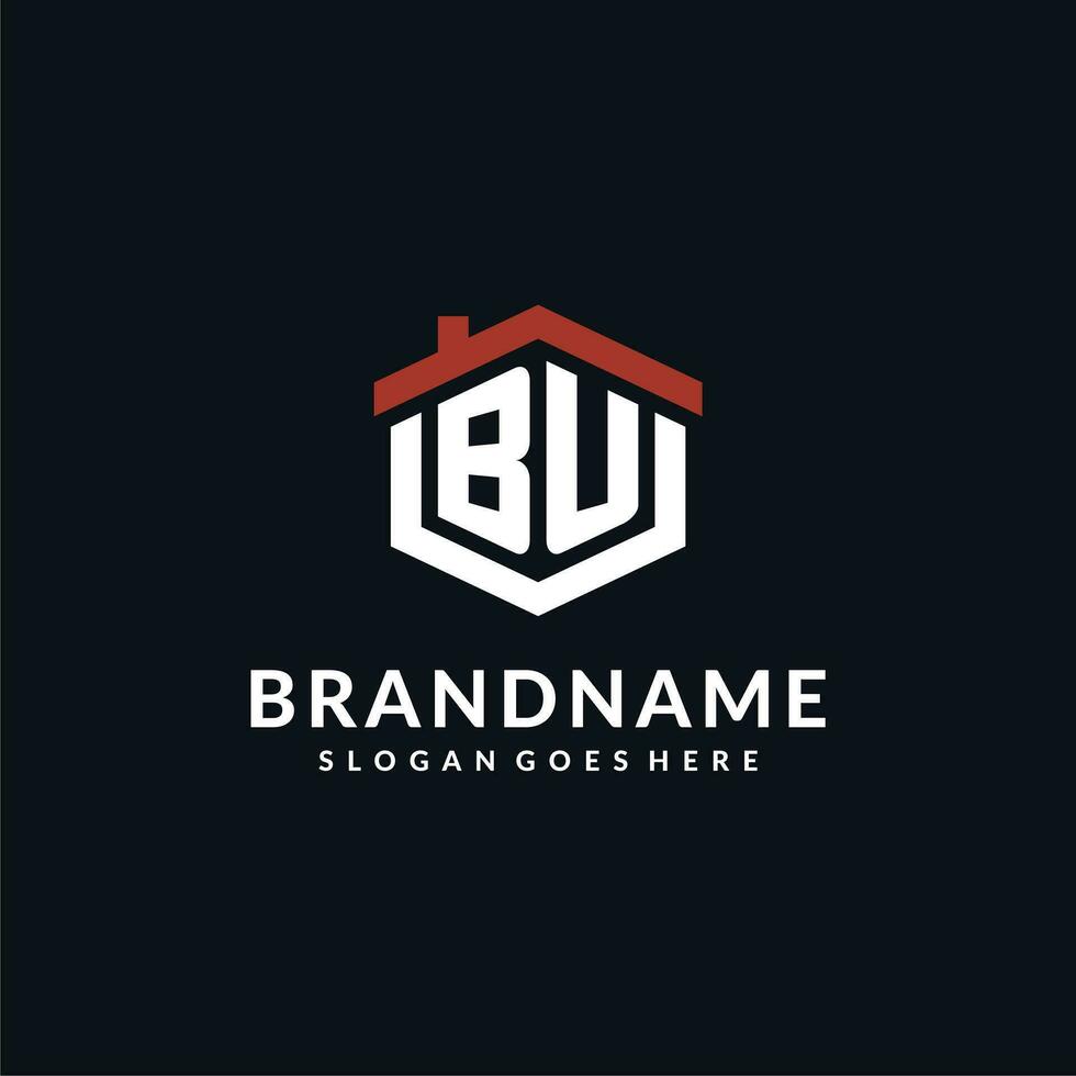 Initial letter BU logo with home roof hexagon shape design ideas vector