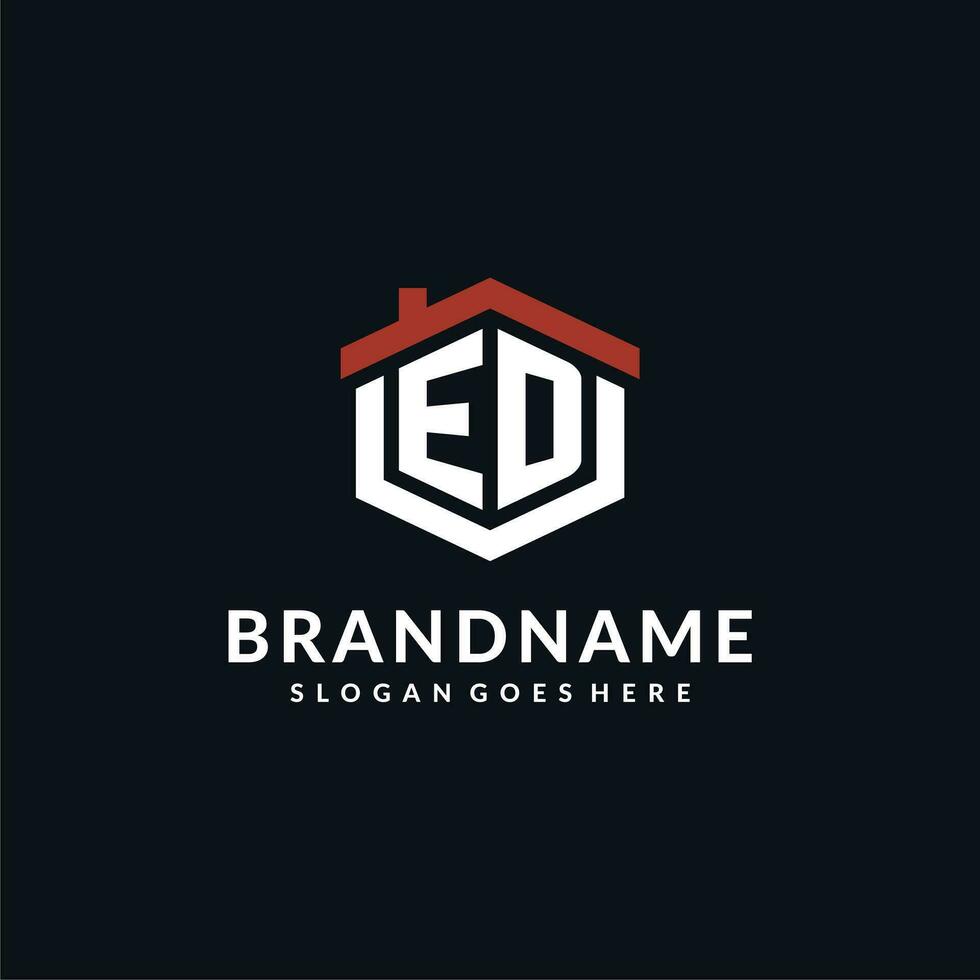 Initial letter ED logo with home roof hexagon shape design ideas vector