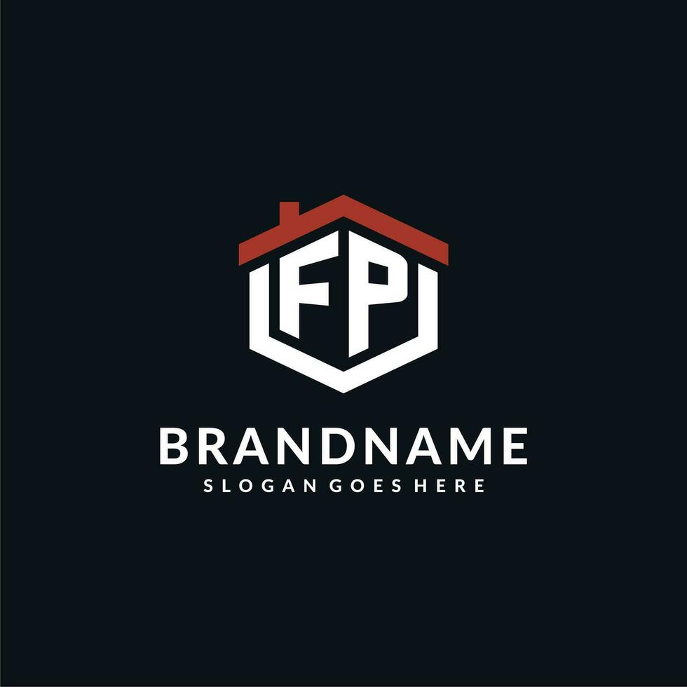 Initial letter FP logo with home roof hexagon shape design ideas vector