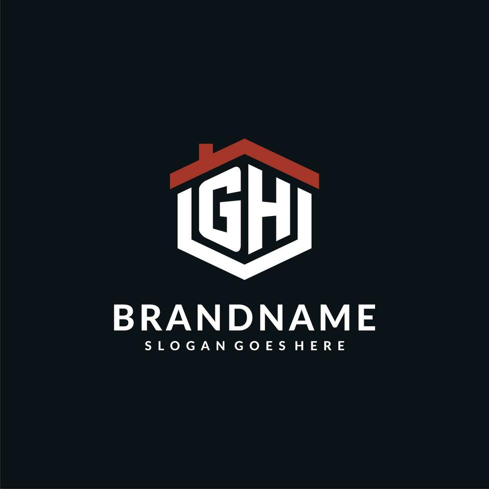 Initial letter GH logo with home roof hexagon shape design ideas vector