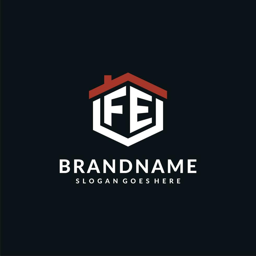 Initial letter FE logo with home roof hexagon shape design ideas vector