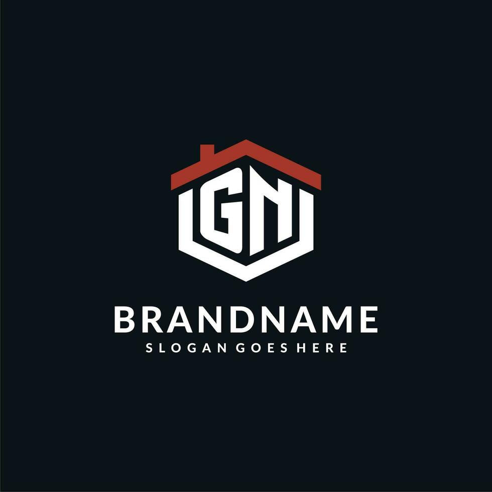 Initial letter GN logo with home roof hexagon shape design ideas vector
