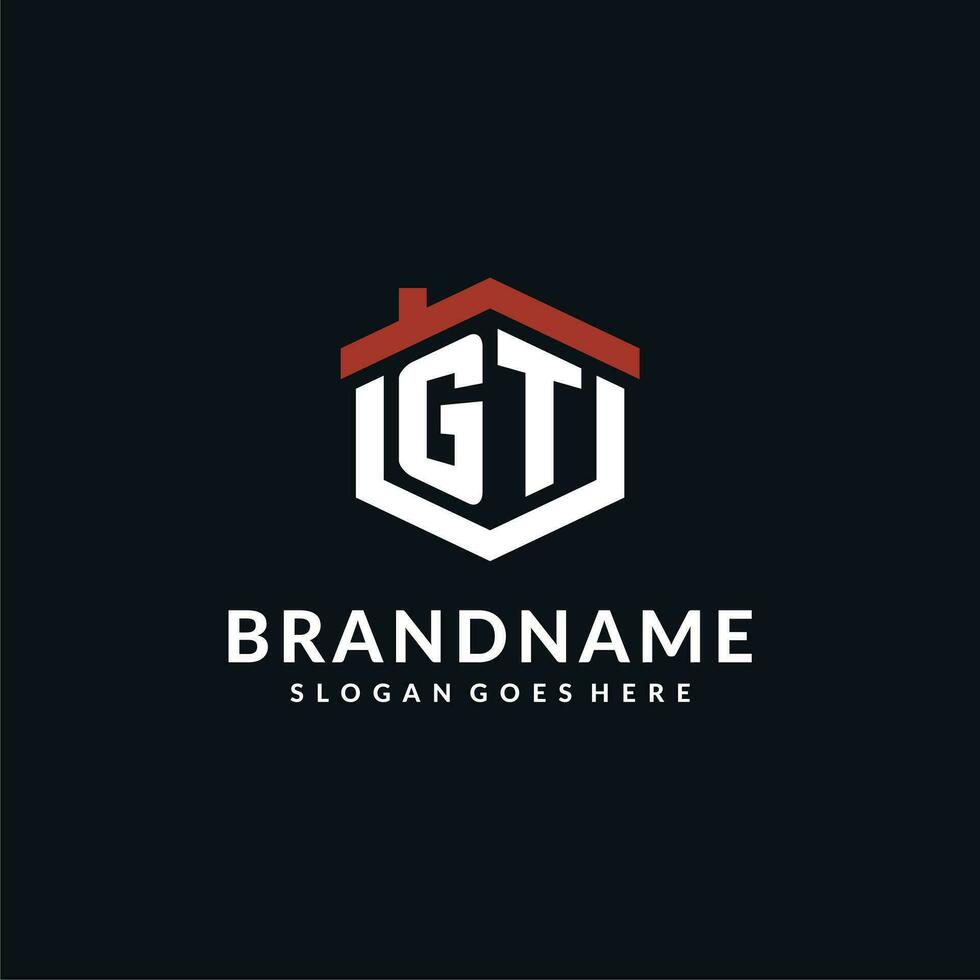 Initial letter GT logo with home roof hexagon shape design ideas vector