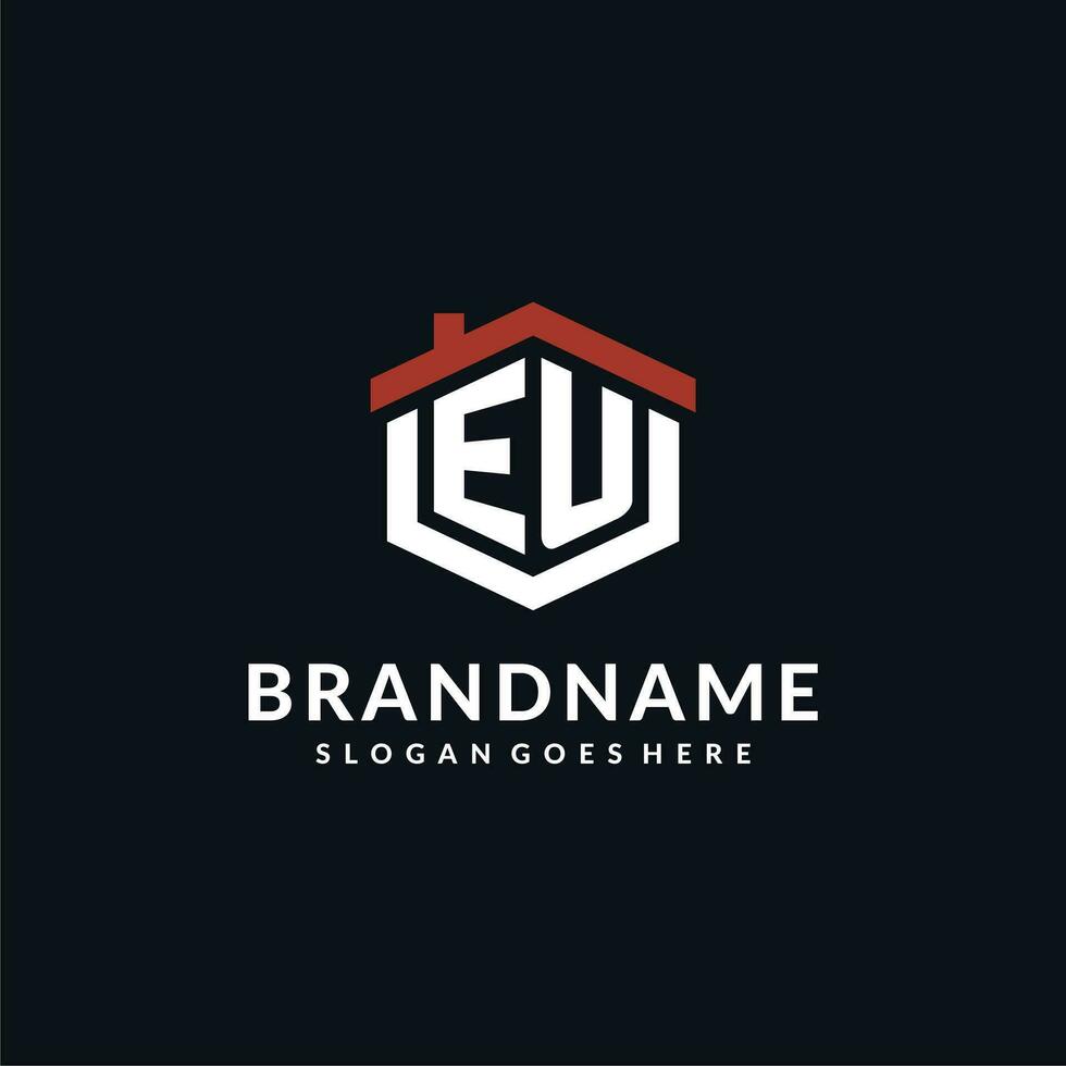 Initial letter EU logo with home roof hexagon shape design ideas vector