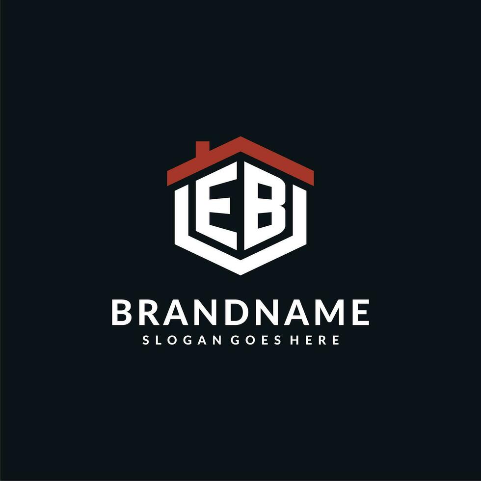 Initial letter EB logo with home roof hexagon shape design ideas vector