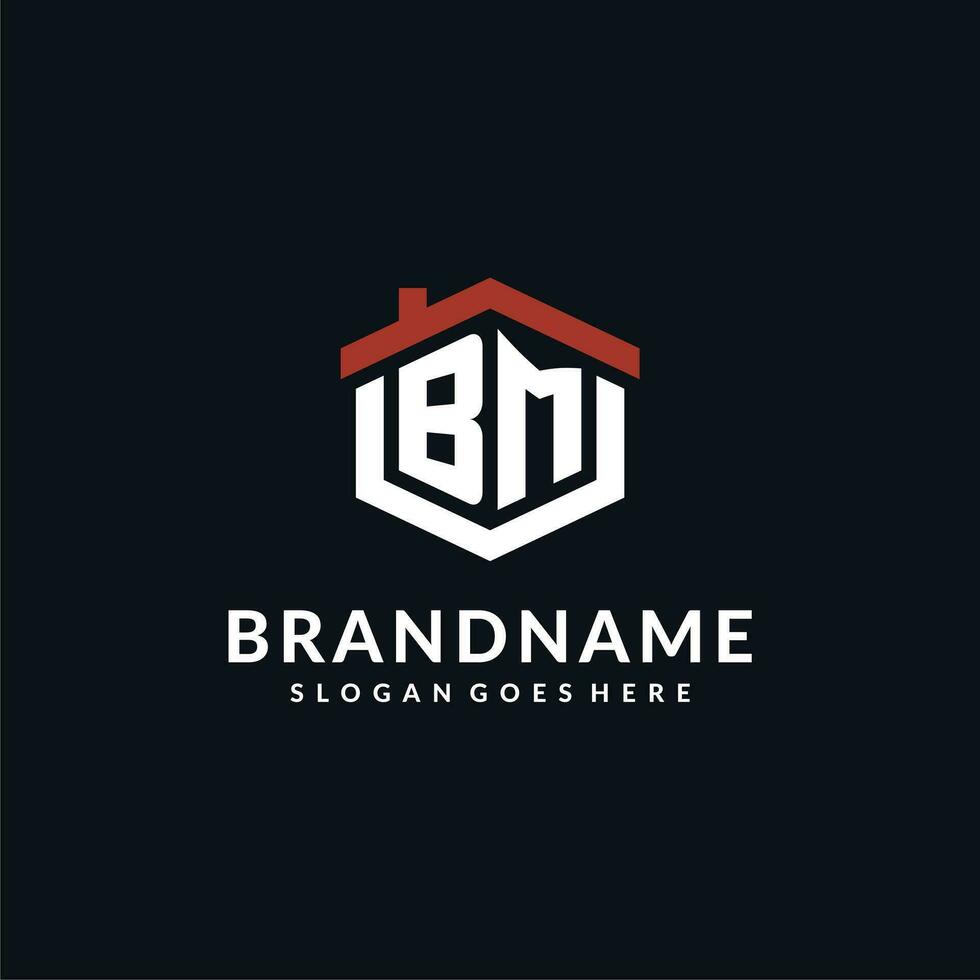 Initial letter BM logo with home roof hexagon shape design ideas vector