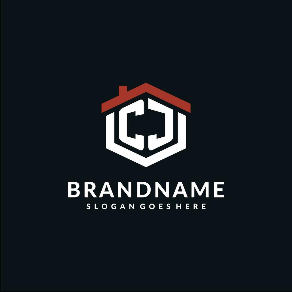 Initial letter CJ logo with home roof hexagon shape design ideas vector