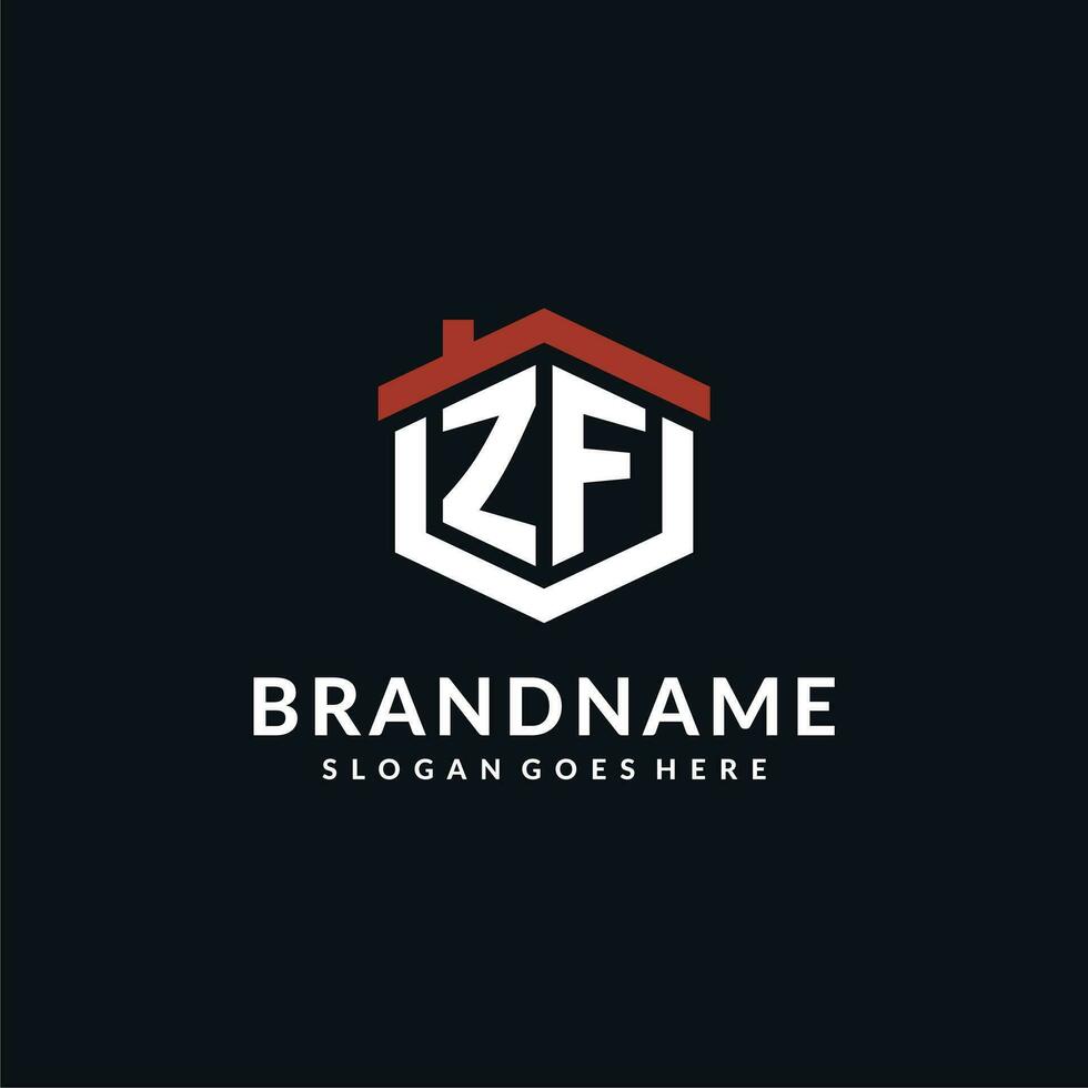 Initial letter ZF logo with home roof hexagon shape design ideas vector