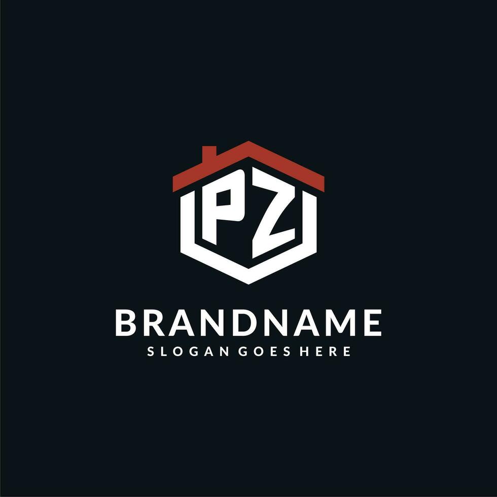 Initial letter PZ logo with home roof hexagon shape design ideas vector