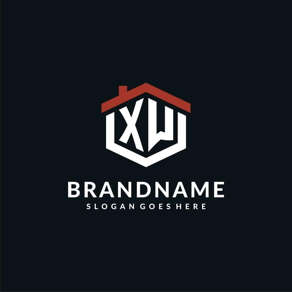 Initial letter XW logo with home roof hexagon shape design ideas vector