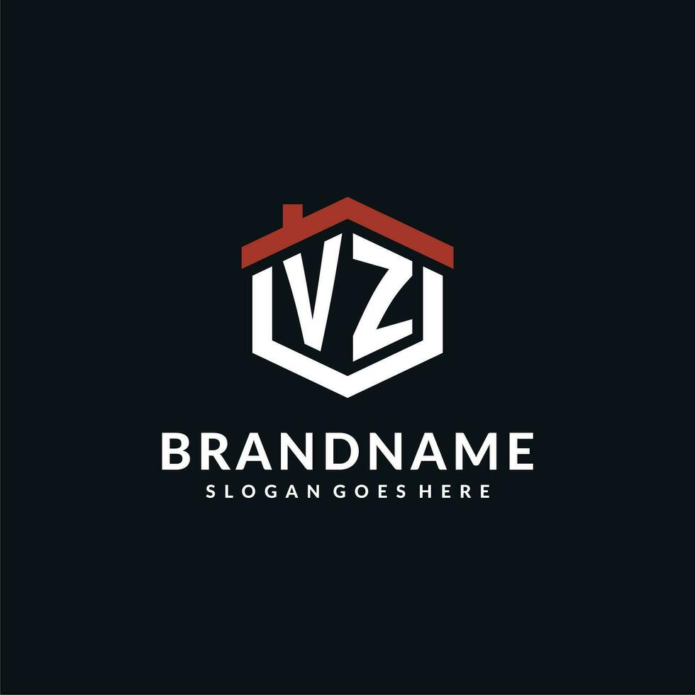 Initial letter VZ logo with home roof hexagon shape design ideas vector