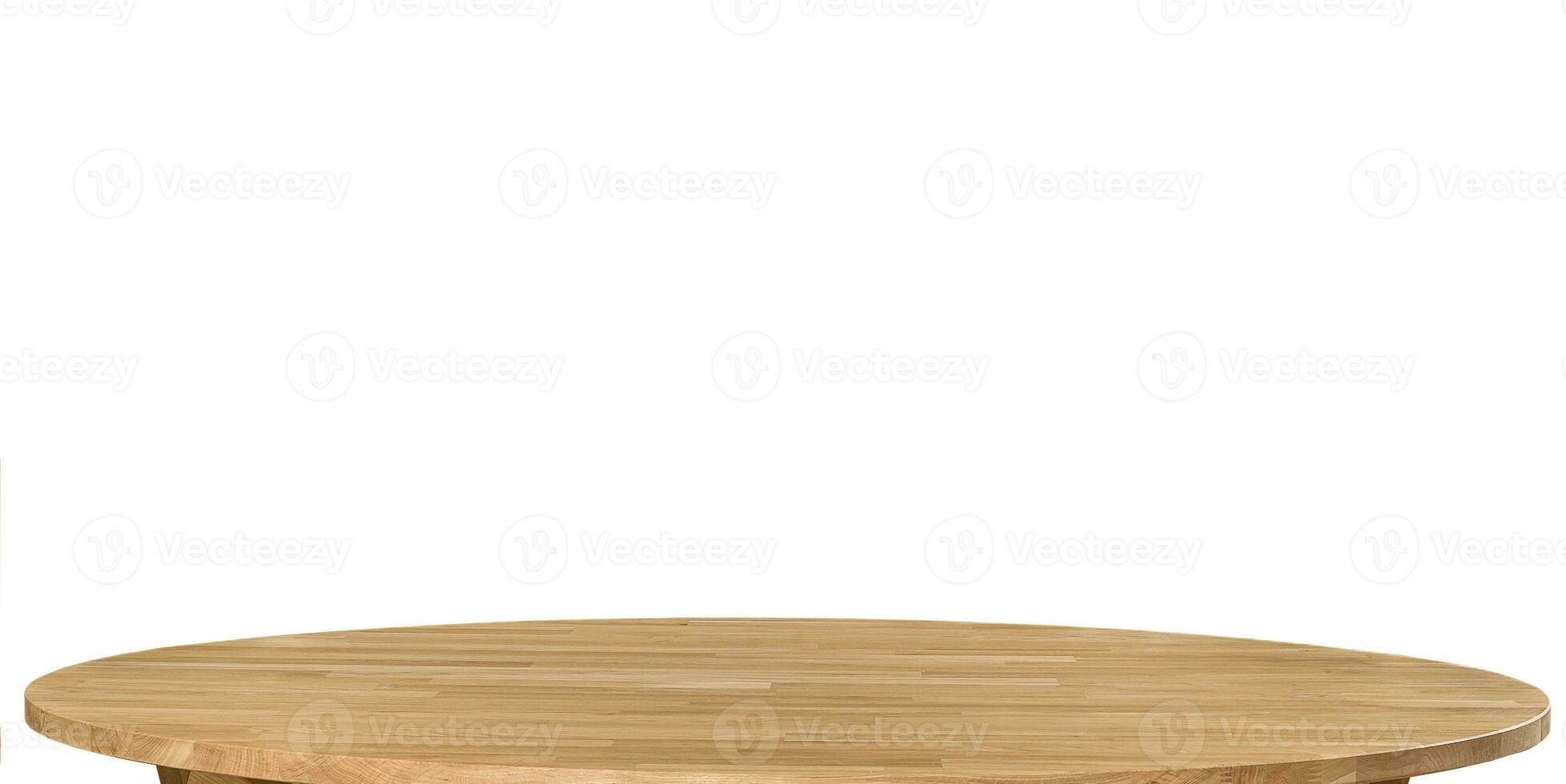 Wooden dinner table surface. Natural wood furniture close view. Tabletop isolated over white background photo