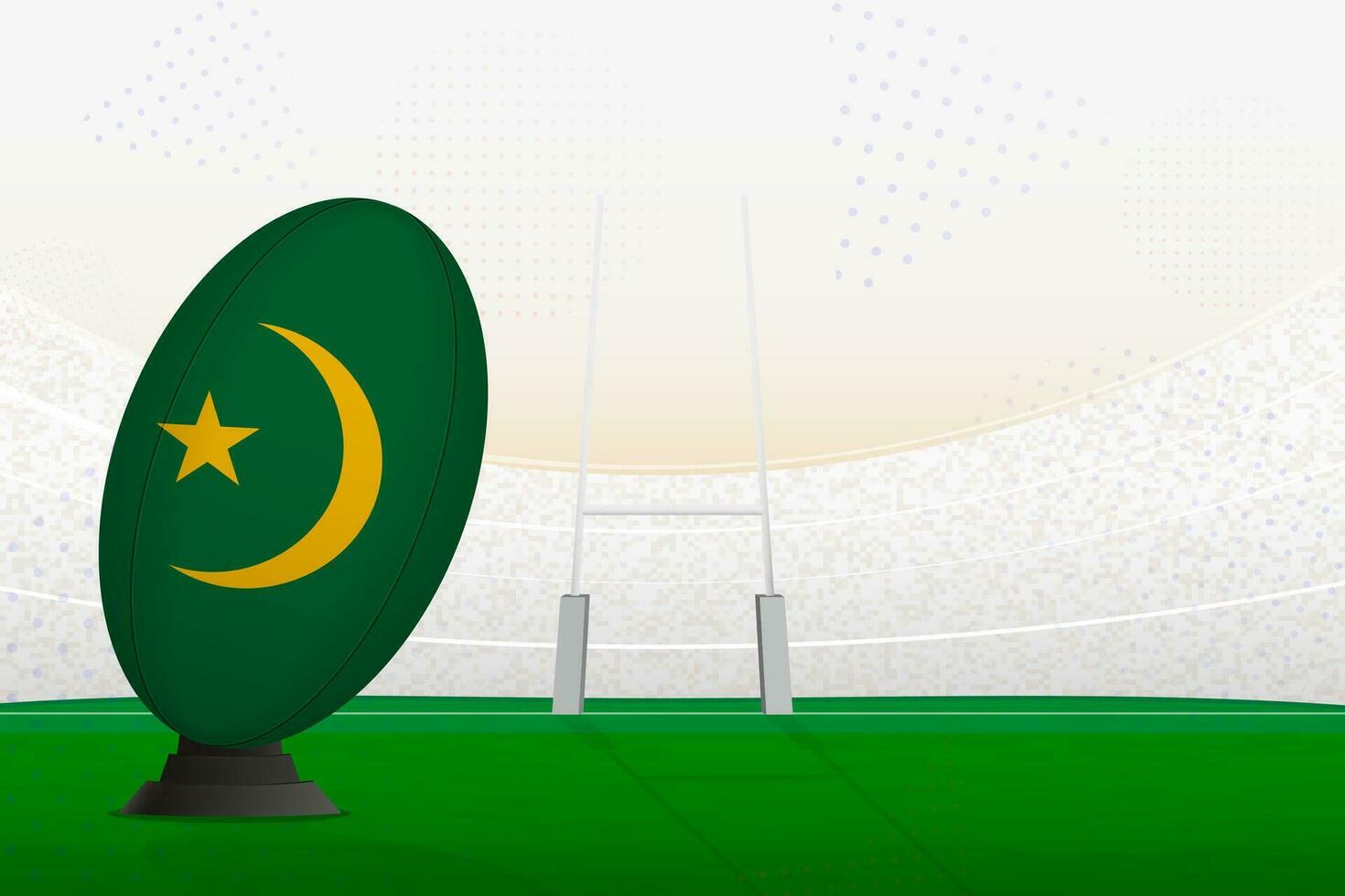 Mauritania national team rugby ball on rugby stadium and goal posts, preparing for a penalty or free kick. vector