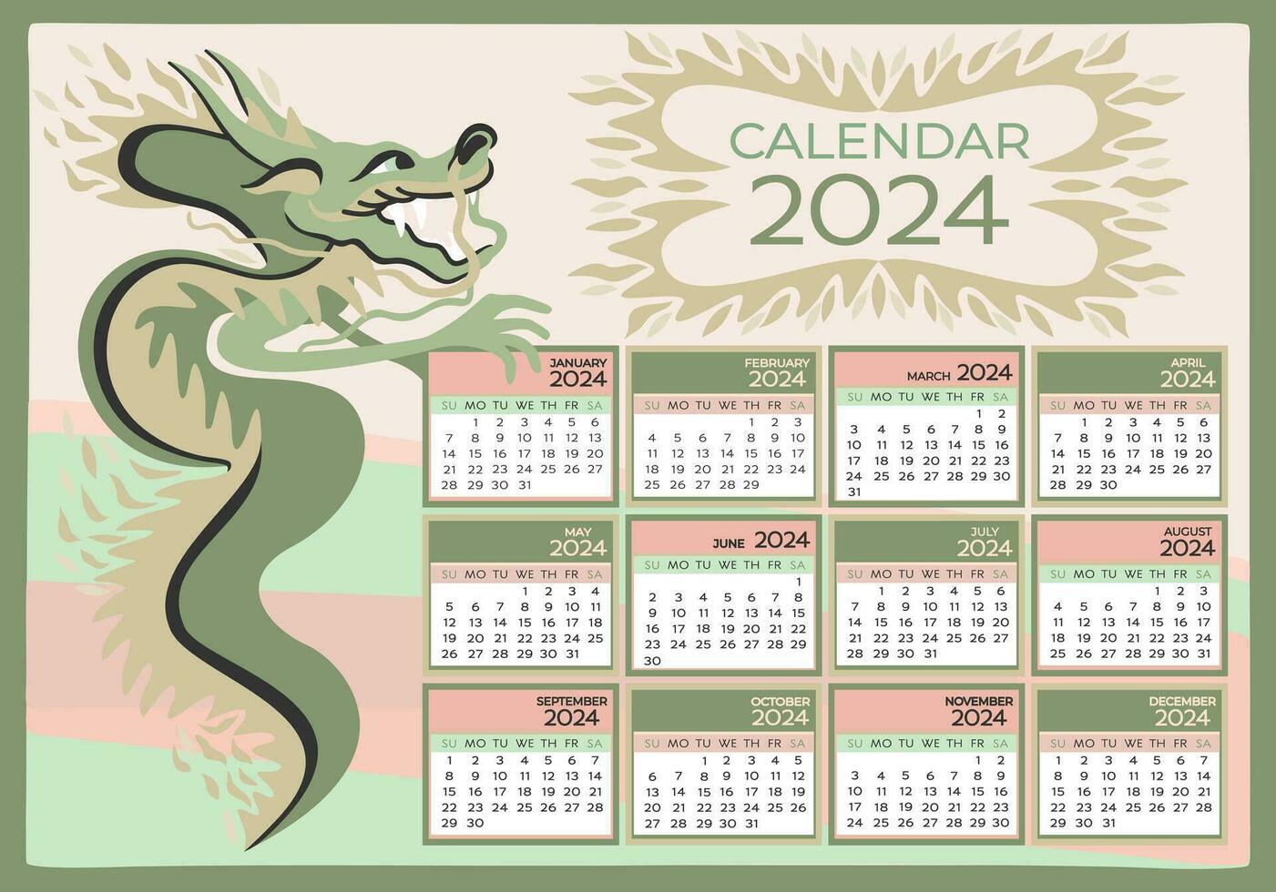 A4 calendar 2024. Chinese Year of Green Wooden Dragon. Week starts on Sunday. Vector illustration