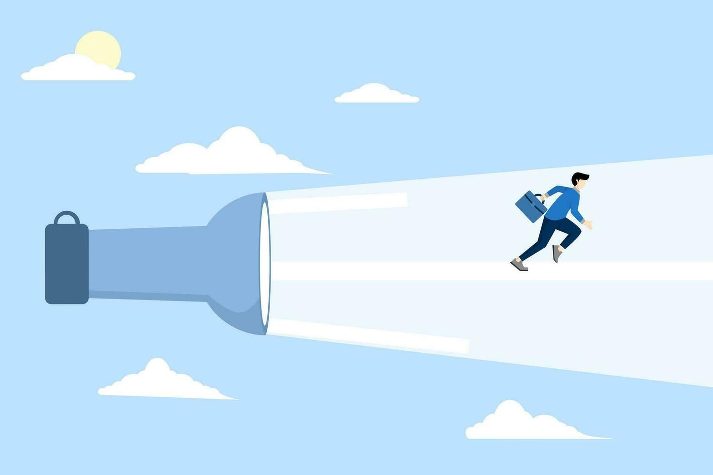 concept of guiding business direction, career path or solution to reach goal, guidance, help and support of manager, find way, confident entrepreneur walking forward with flashlight. vector