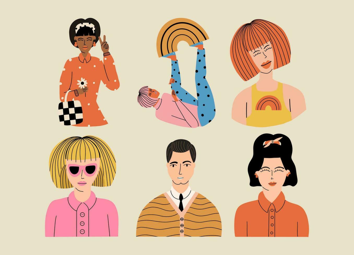 A set of different characters dressed in the style of the 1960s. People in a retro groove vibes. Vector illustration in hand drawn style.