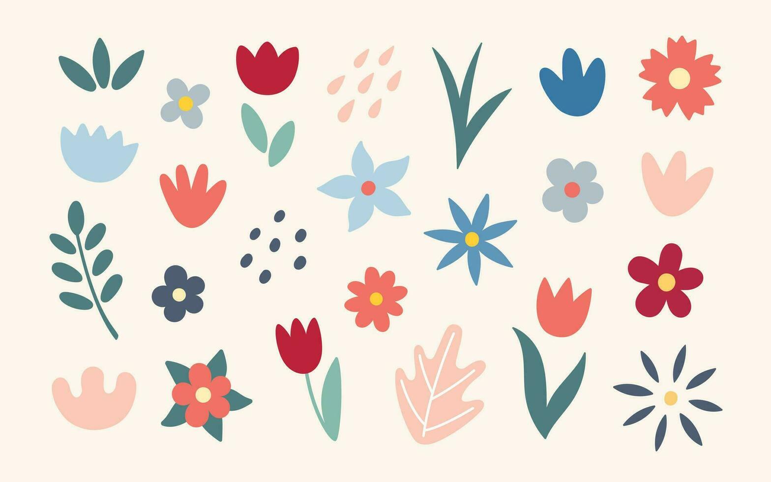 flores y hojas objetos y formas sencillo resumen mano dibujado varios formas y garabatos contemporáneo moderno de moda elementos. vector botánico ilustración.