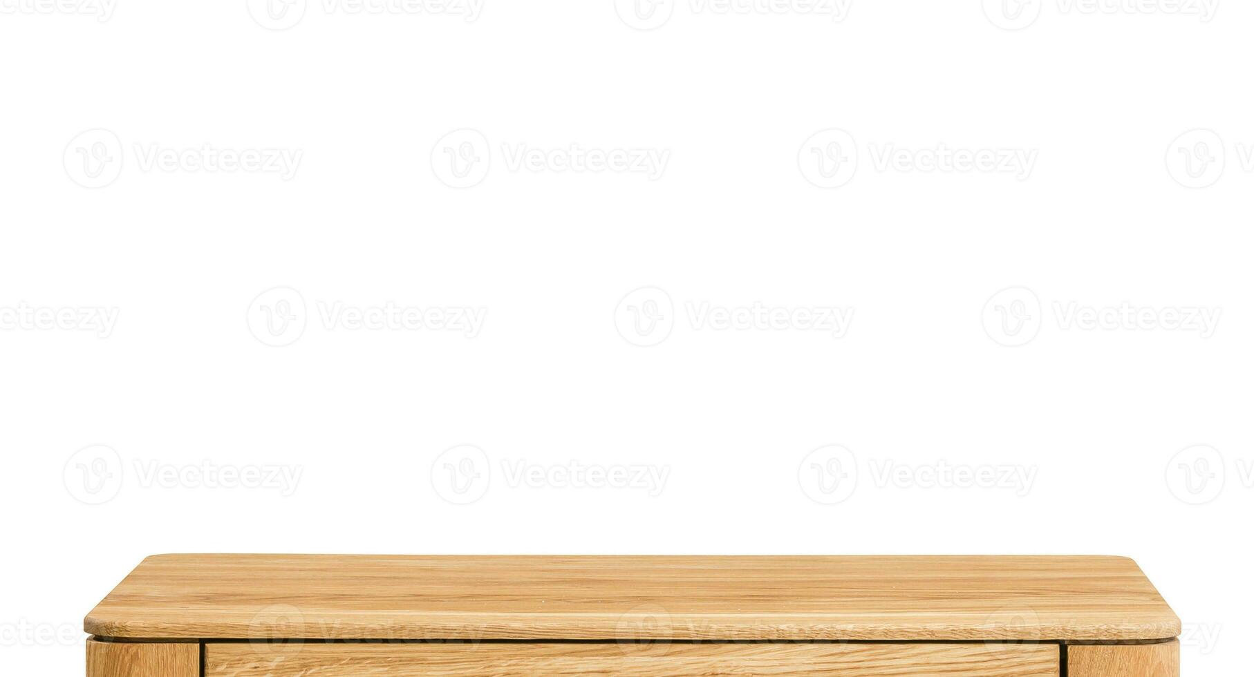 Wooden table top surface isolated over white background. Solid wood furniture close view 3D illustration. Empty table top cooking presentation template photo