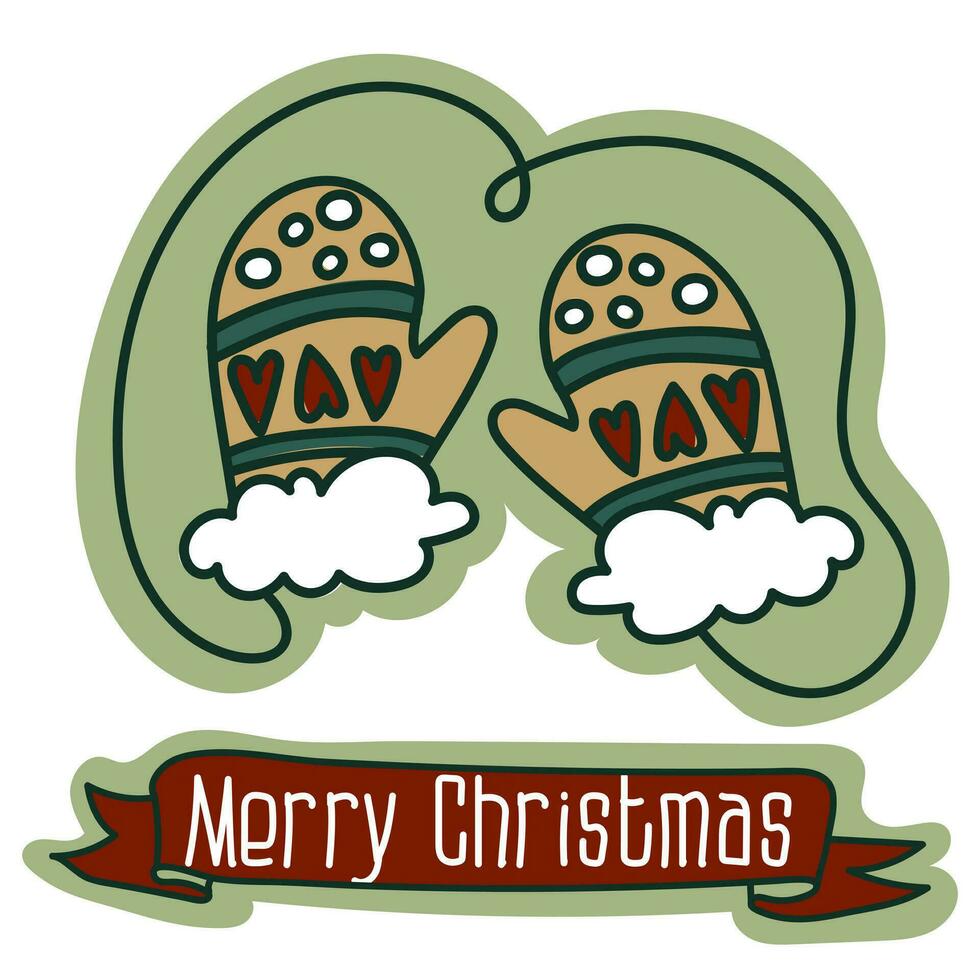 Christmas card with mittens on a rope, traditional Christmas vector illustration. A postcard for the holiday in retro style. A cute item of children's clothing. Cartoon object