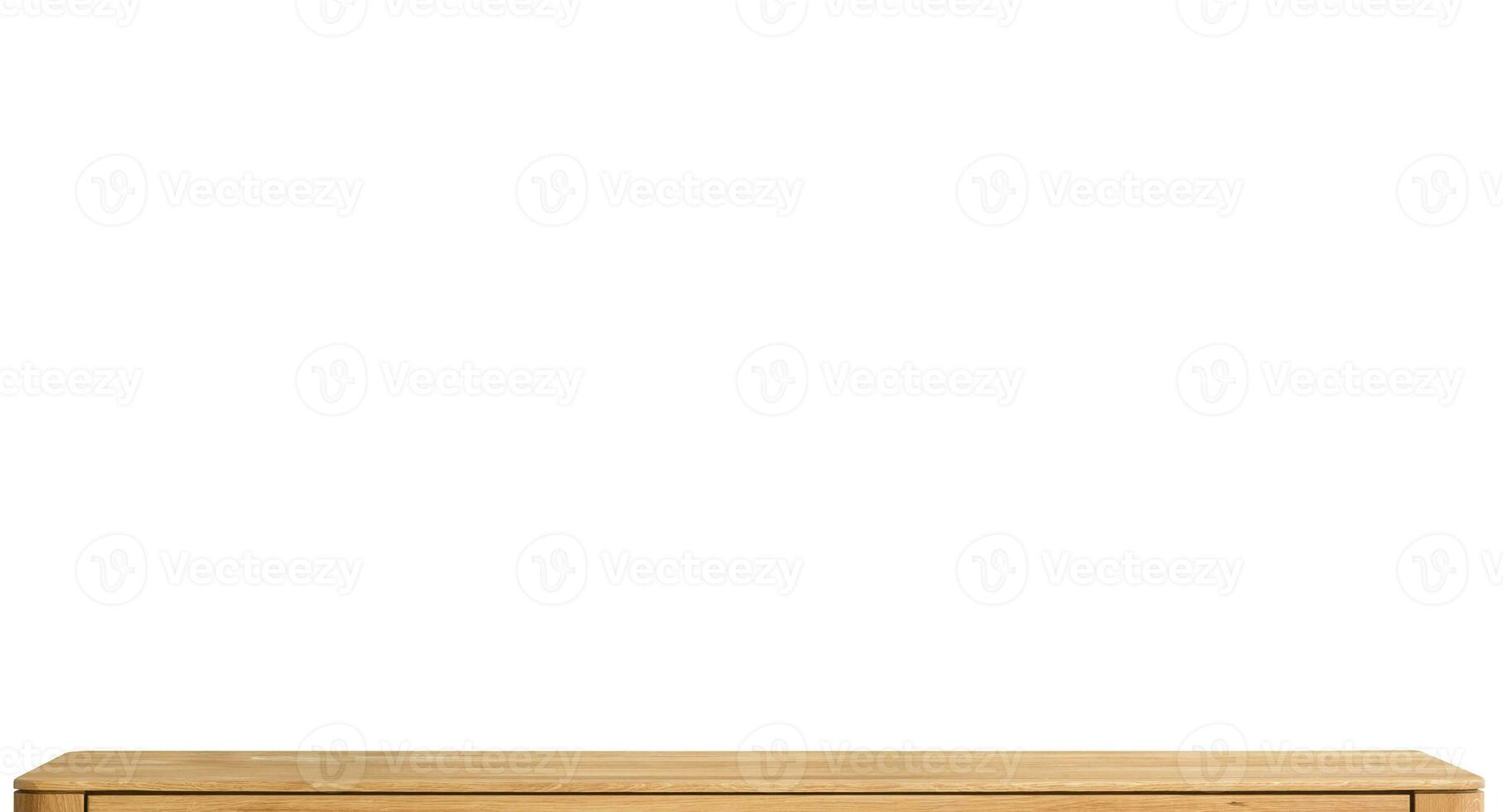 Wooden table top surface isolated over white background. Solid wood furniture close view 3D illustration. Empty table top cooking presentation template photo
