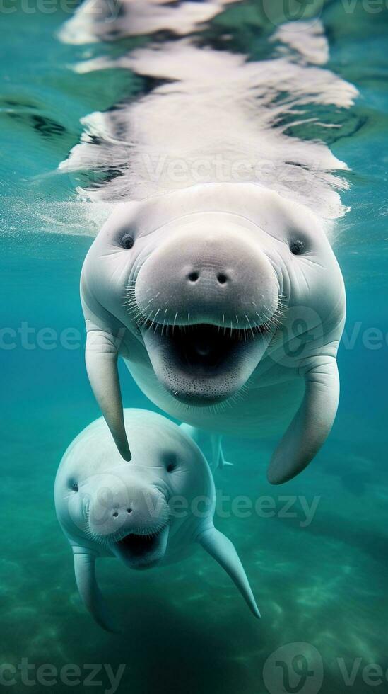 Cute white whale swimming in the deep blue sea. AI generative photo
