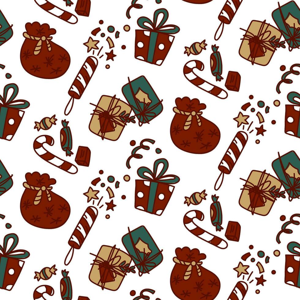 Seamless Christmas pattern with holiday elements with a red outline. Happy texture of the winter holiday Christmas, New year. Items of decorative design elements in retro style. package vector