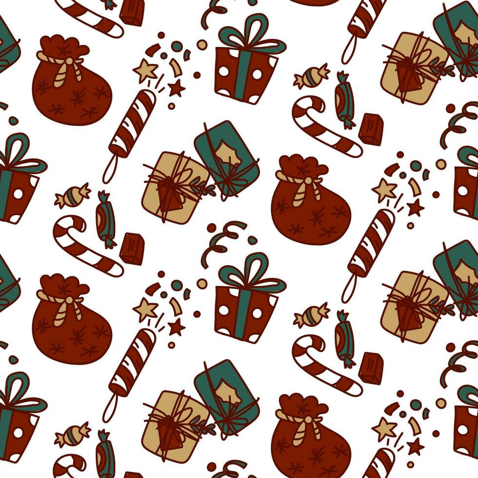 sin costura Navidad modelo con fiesta elementos con un rojo describir. contento textura de el invierno fiesta Navidad, nuevo año. artículos de decorativo diseño elementos en retro estilo. paquete vector