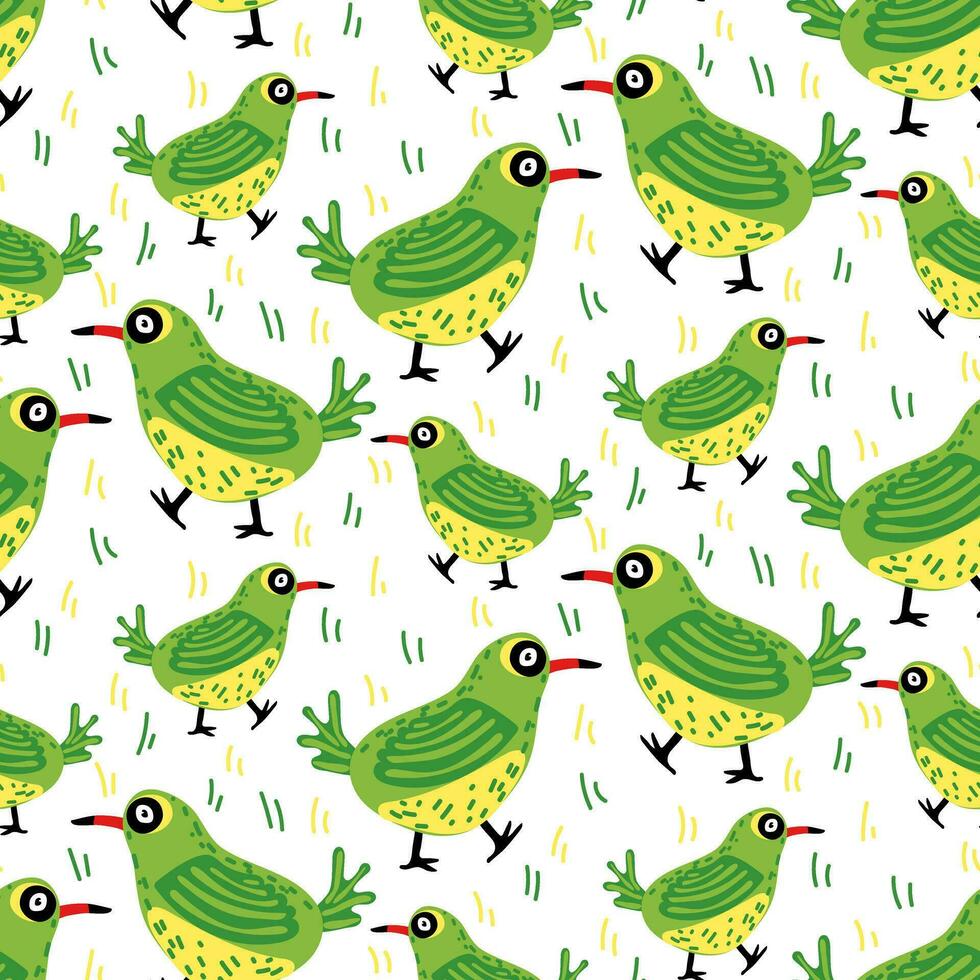 un modelo con un dibujos animados xantus y césped en un blanco antecedentes. un pequeño verde y amarillo pájaro en un dibujos animados estilo. sin costura modelo para impresión en textiles y papel. para niños temas vector