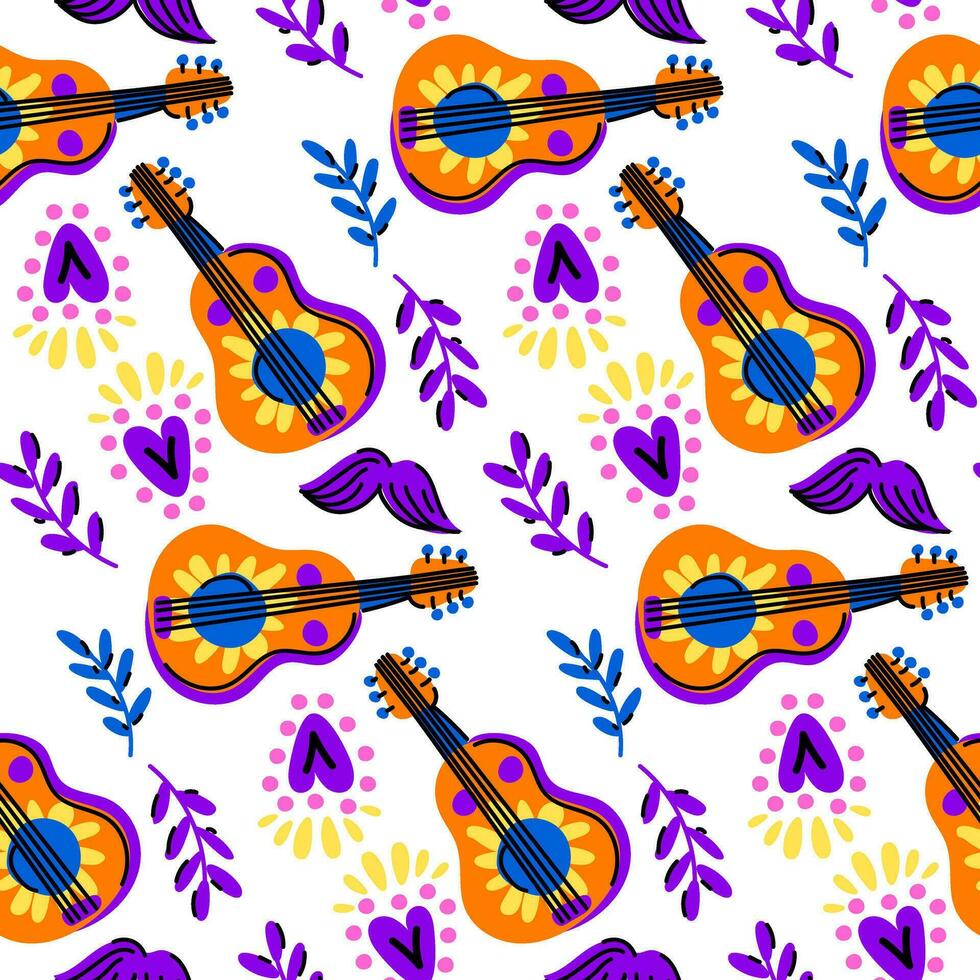 Mexican seamless pattern with guitar, flowers, heart, mustache on a white background. Texture for a party. Day of the Dead, Cinco de Mayo, Mexico's holiday festival vector