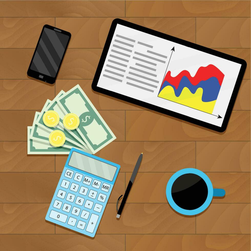 Finance process planning budget. Vector workplace with report statistic illustration