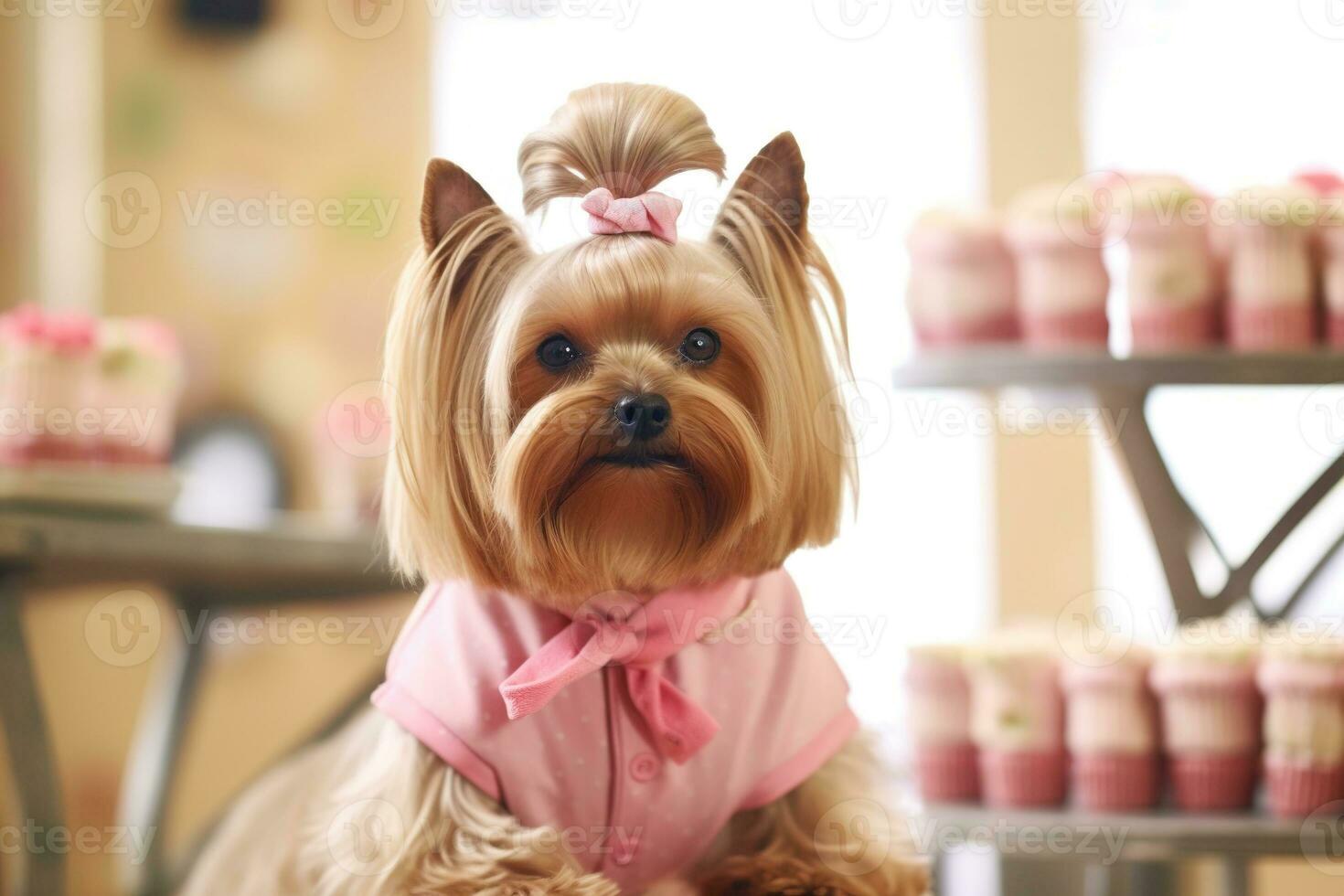 Yorkshire Terrier in pink clothes with a bow on her head. AI generative photo