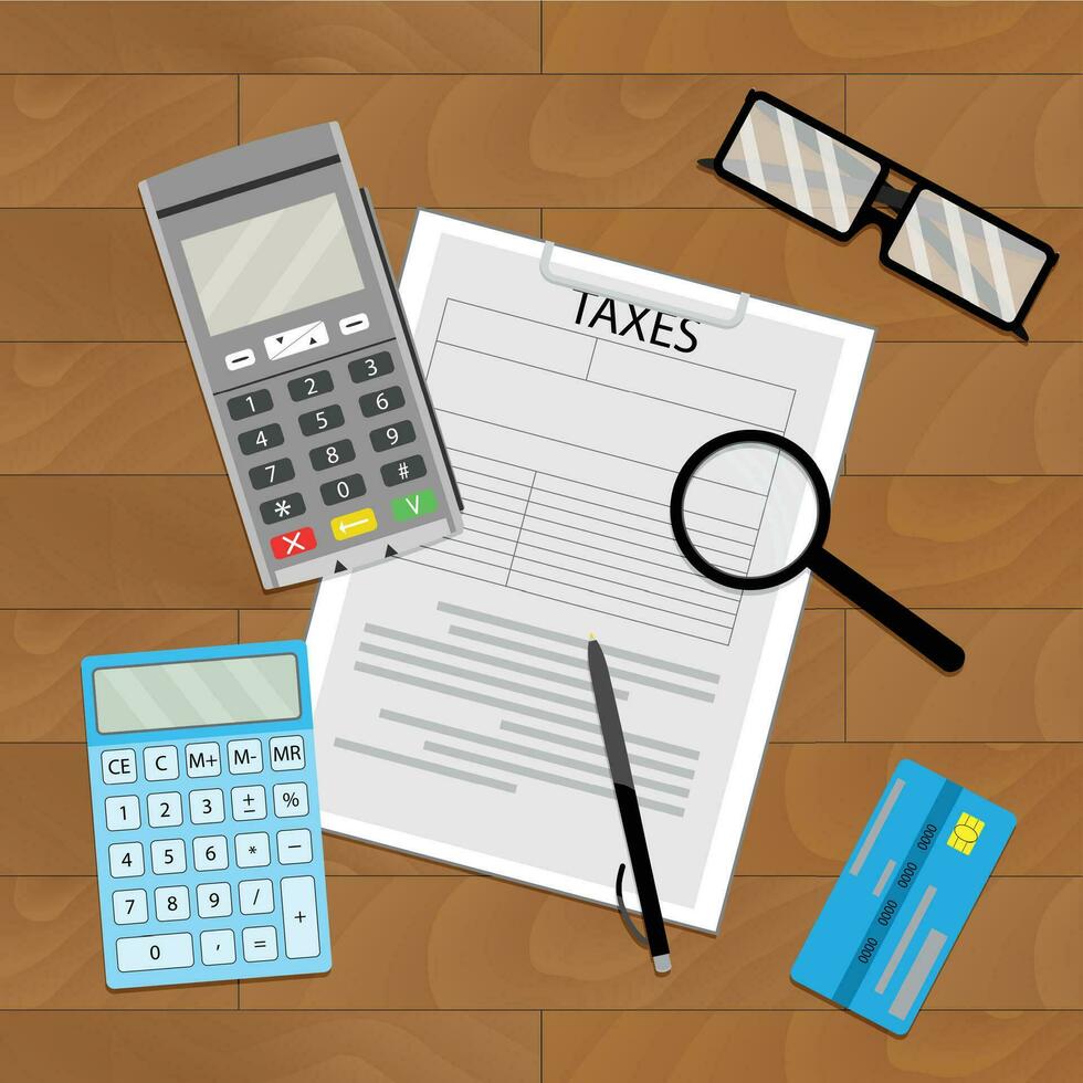 contabilidad impuesto pago, pagar impuestos, dinero transferir y impuesto documento, vector ilustración